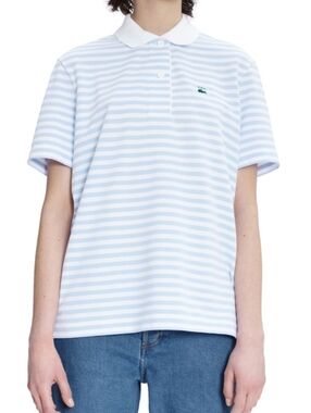 Like New Women's A.P.C. LACOSTE Light Blue & White Loose Fot Striped Polo Shirt